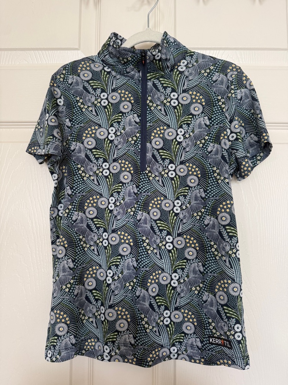 Kerrits Navy Horse & Floral Print Kids Short Sleeve Zip Shirt